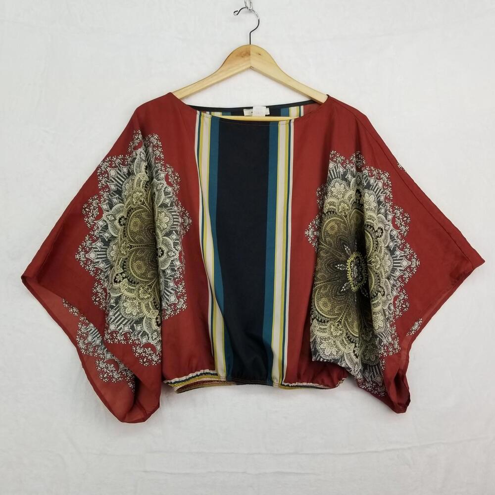 Noble U Cropped Boho Kimono Sleeve Top Blouse Small Rust Black Cream - Picture 9 of 9